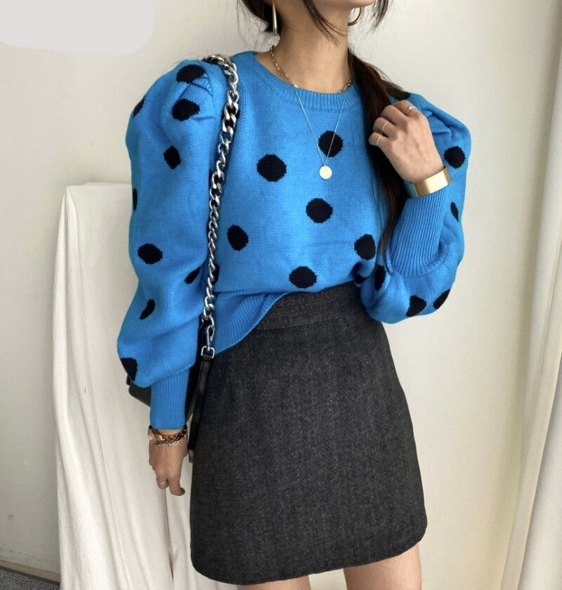 Polka Dot Puff Sleeve Sweater