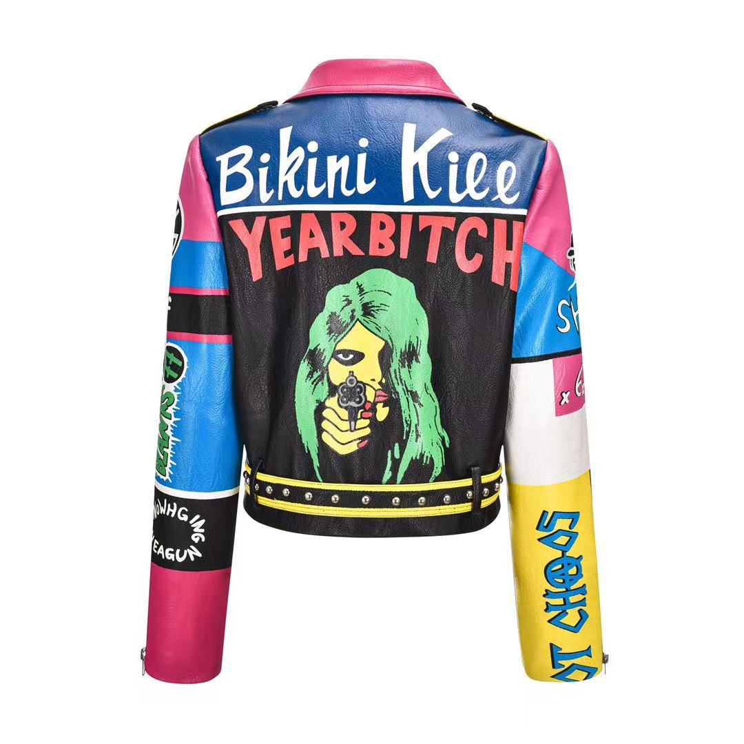 Colorful Graffiti Motorcycle PU Leather Jacket