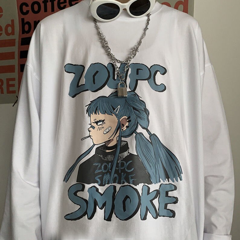 Anime and Happy Face Print Oversized Sweatshirt