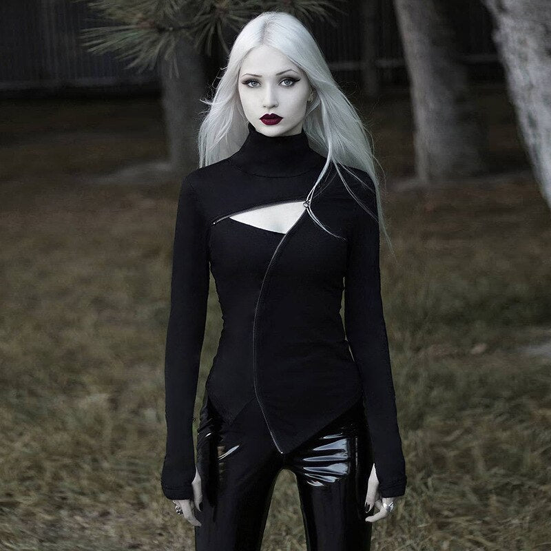 Black Hollow Out Turtleneck Zipper Bodycon SweatShirts