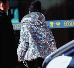 Bling Bling Sequins Glitter Sparkling Silver Hooded Jacket Coat