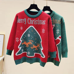 Tree and Santa Claus Loose O-neck Knit Pullover Sweater