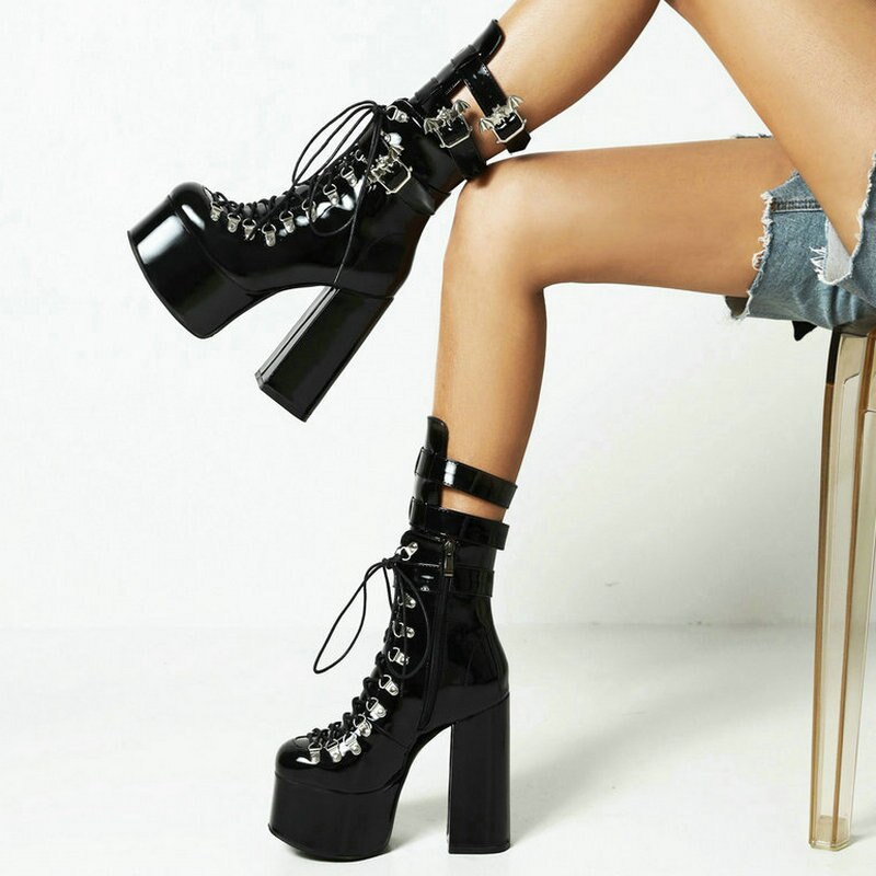 High-Heeled Ankle With Bat Buckle And Laces Boots