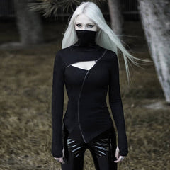 Black Hollow Out Turtleneck Zipper Bodycon SweatShirts