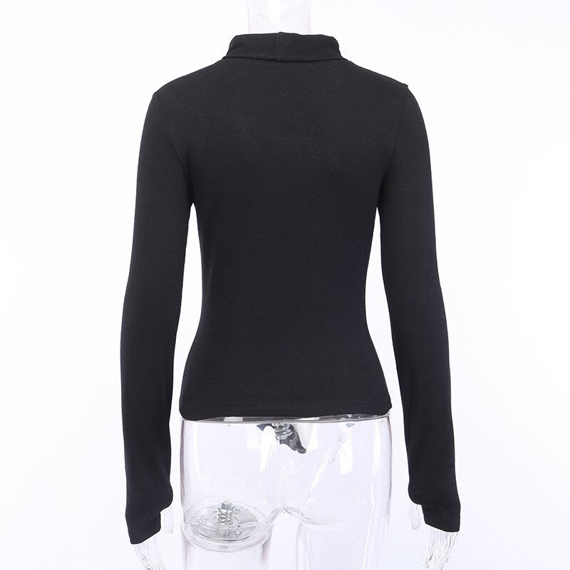 Black Hollow Out Turtleneck Zipper Bodycon SweatShirts