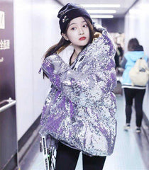 Bling Bling Sequins Glitter Sparkling Silver Hooded Jacket Coat