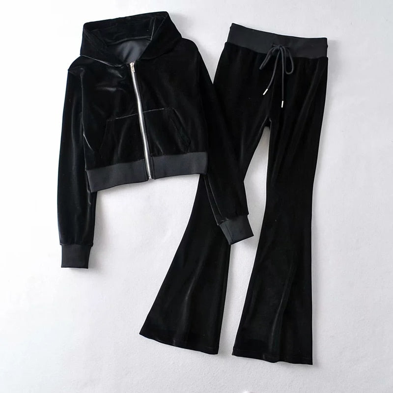 Velvet Zip-Up Cropped Hoodie & Flare Joggers Set