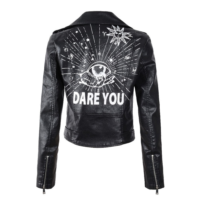 Letter Print Studded Motorcycle Jacket