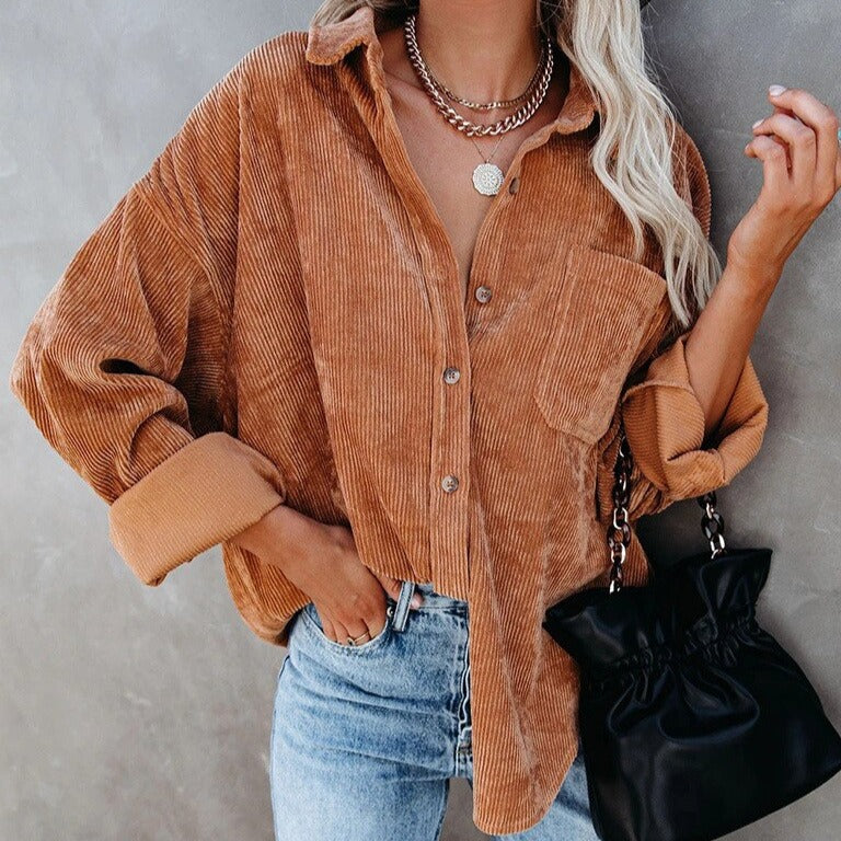 Corduroy Baggy Buttoned Long Sleeve Shirts