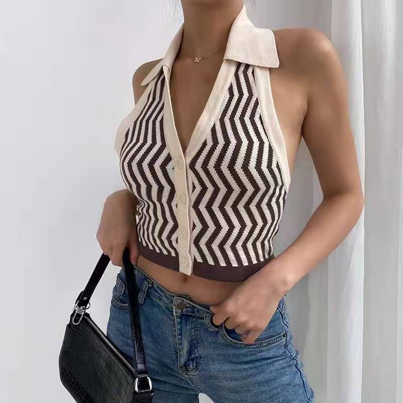 Striped Pattern Knitted Backless Crop Top