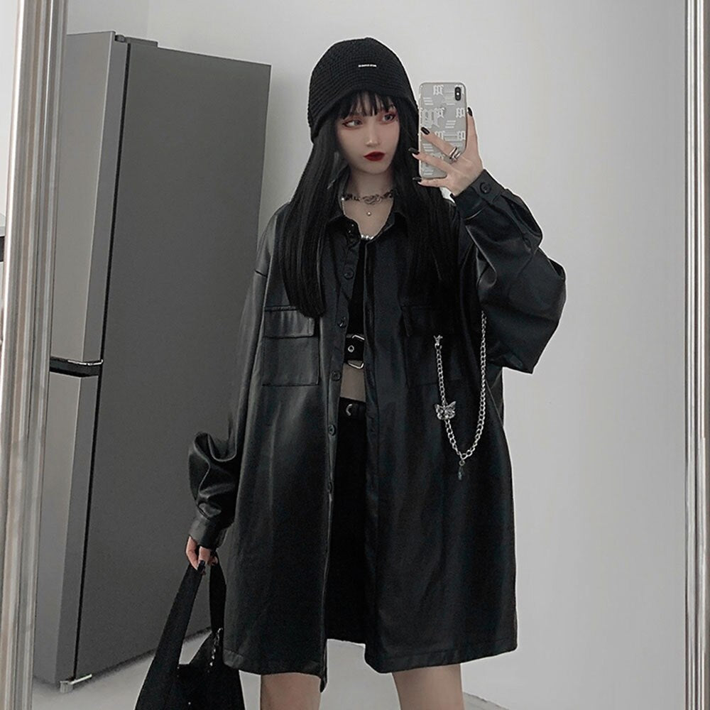 Japanese Harajuku Style Casual Loose Metal Chain Decoration Leather Shirt Plus Velvet Street Jacket Ins Trend Top Leather Jacket