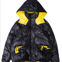 Black and Yellow Padded Loose Detachable Sleeves Hooded Coat