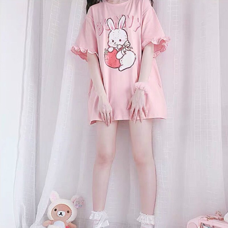 Cute Kawaii Strawberry Bunny Print Tshirt