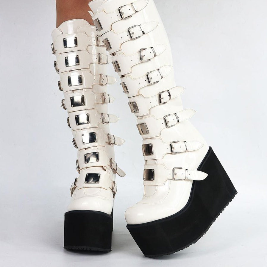 High Platform Metal Buckle Wedges Gothic Boots