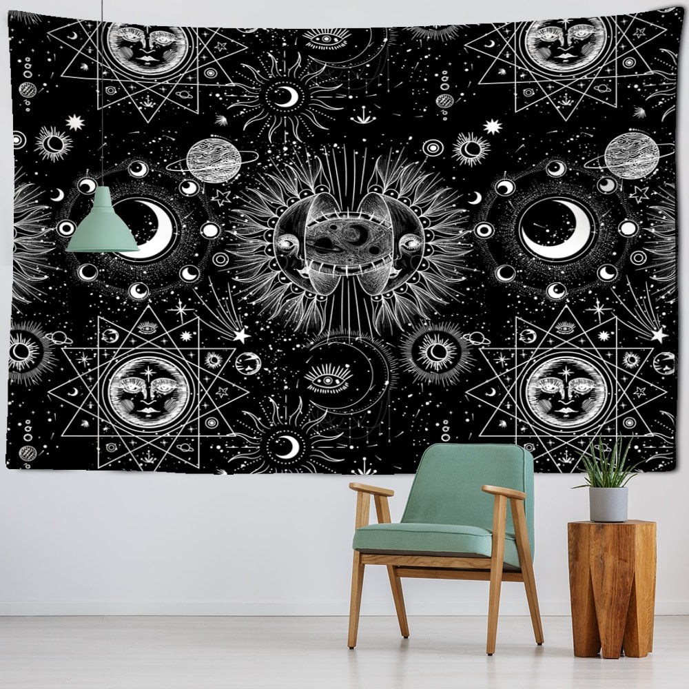 White Black Sun Moon Mandala Starry Sky Tapestry Wall