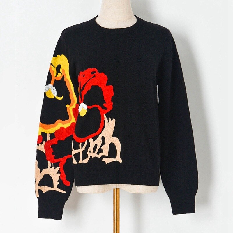 Black Floral Embroidery Sweater