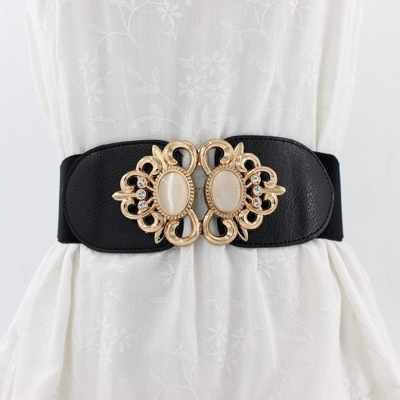 Double Opal Inlaid PU- Elastic Waistband Belt