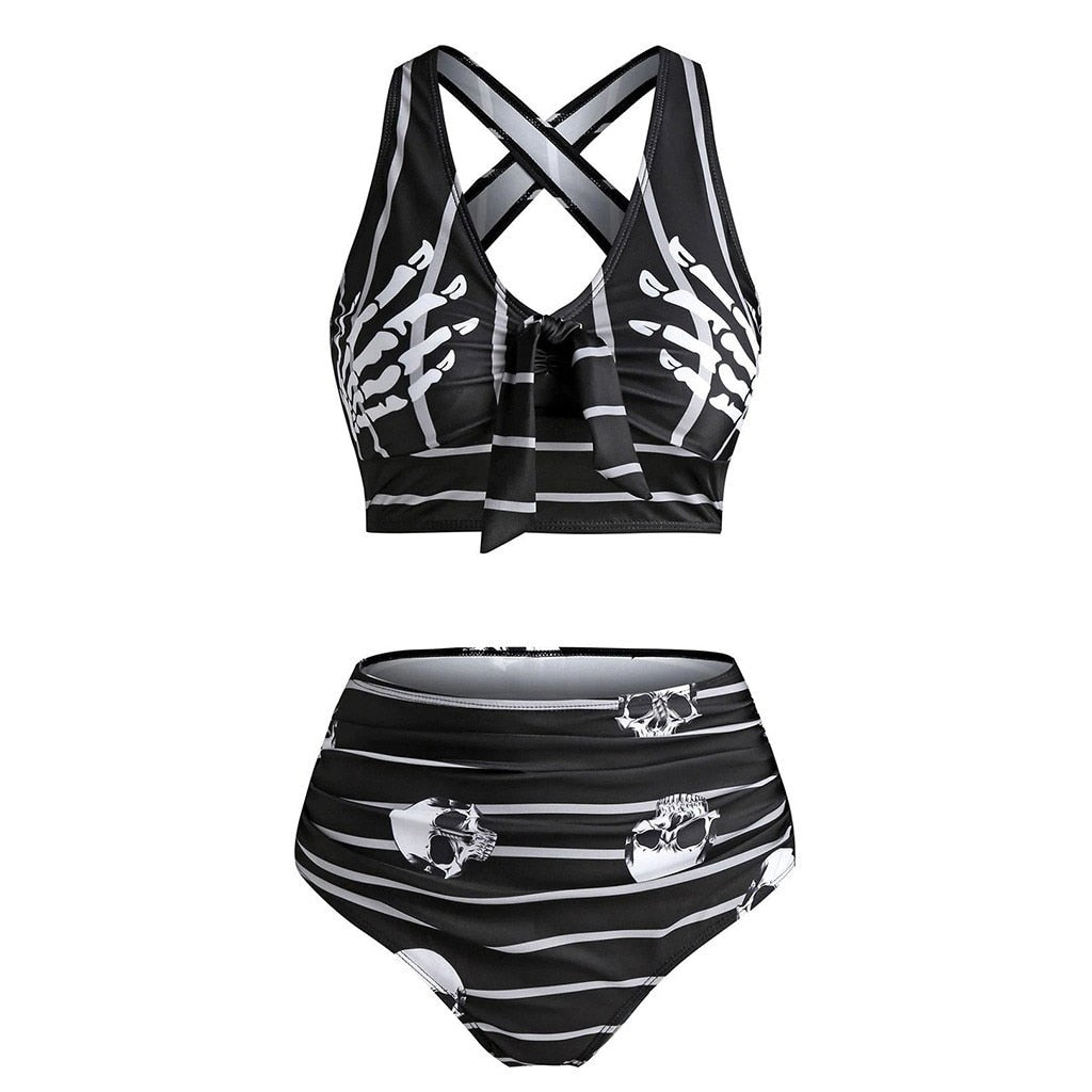 Hand Skeleton Skull Cross Strap High Waist Bikini