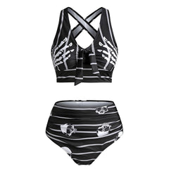 Hand Skeleton Skull Cross Strap High Waist Bikini