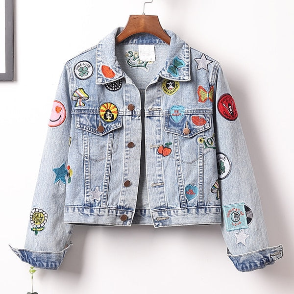 Denim Embroidered Patches Jacket And Skirt Set