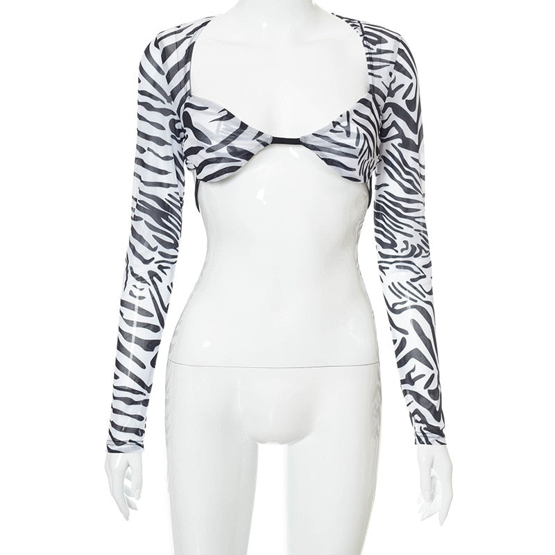 Zebra Mesh Bra Crop-Top See Through Long Sleeve