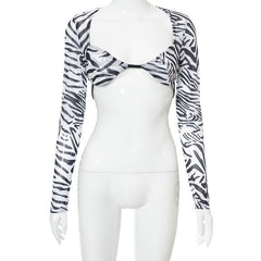 Zebra Mesh Bra Crop-Top See Through Long Sleeve