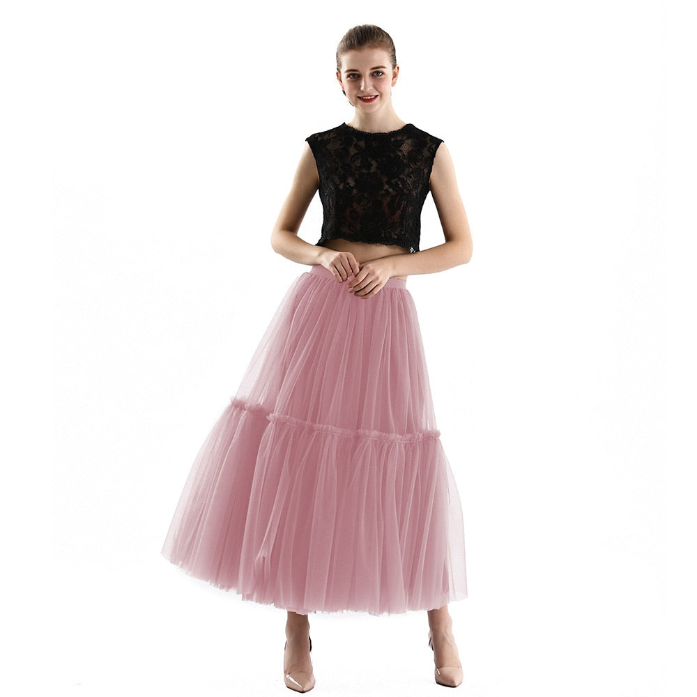 Long Tulle Black Pleated Skirt