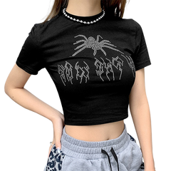 Spider Goth Rhinestone Crop Top