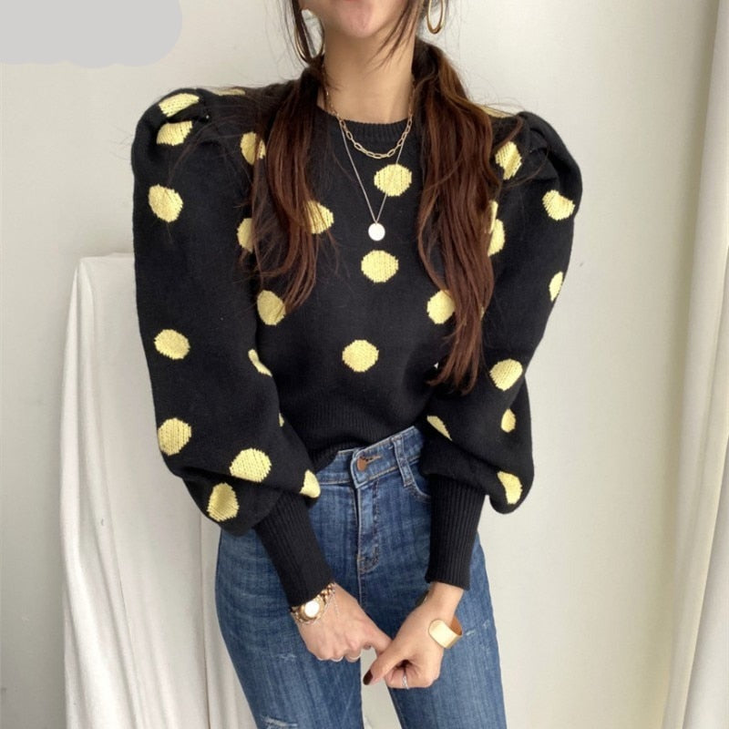 Polka Dot Puff Sleeve Sweater