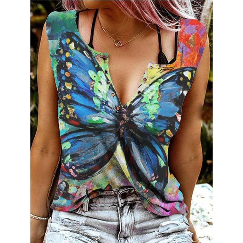 Butterfly V-Neck Sleeveless T-Shirt