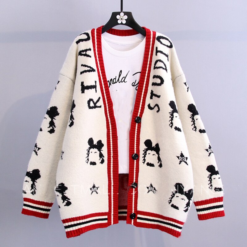 Studio Cartoon Print V Neck Cardigan Sweater