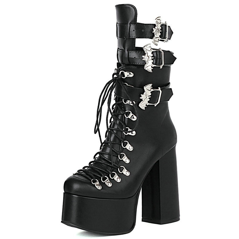 High-Heeled Ankle With Bat Buckle And Laces Boots