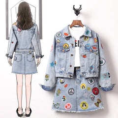 Denim Embroidered Patches Jacket And Skirt Set