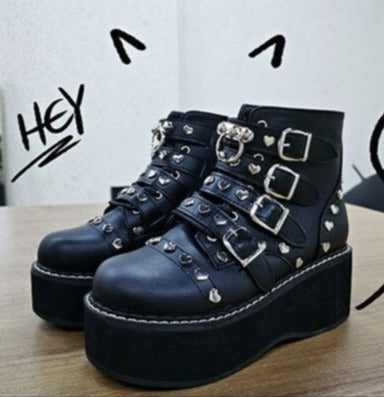 Buckle Lace-Up Zipper Heart Decoration Ankle Boots