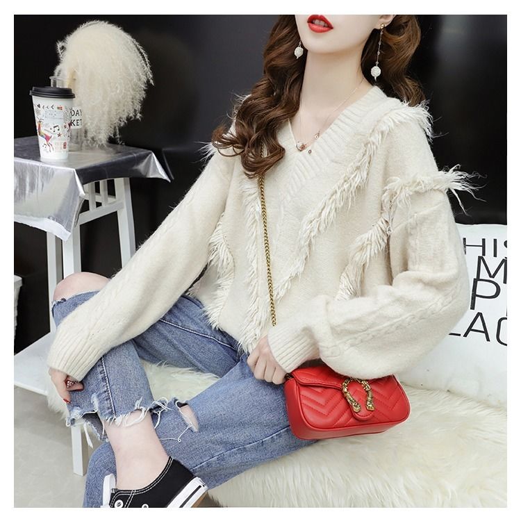 Tassel V-neck Solid Color Knitted Sweater