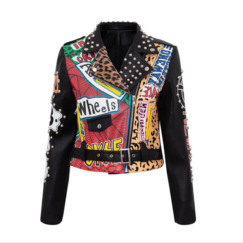 Leopard Graffiti Motorcycle PU Leather Jacket