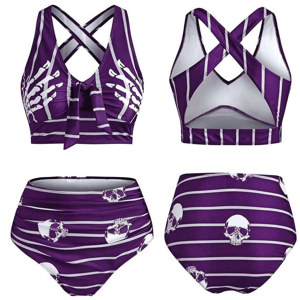 Hand Skeleton Skull Cross Strap High Waist Bikini