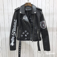 Letter Print Studded Motorcycle Jacket