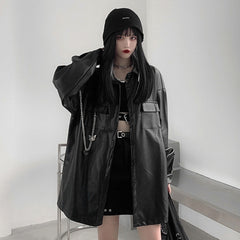 Japanese Harajuku Style Casual Loose Metal Chain Decoration Leather Shirt Plus Velvet Street Jacket Ins Trend Top Leather Jacket