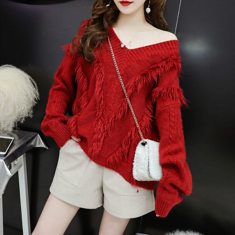 Tassel V-neck Solid Color Knitted Sweater