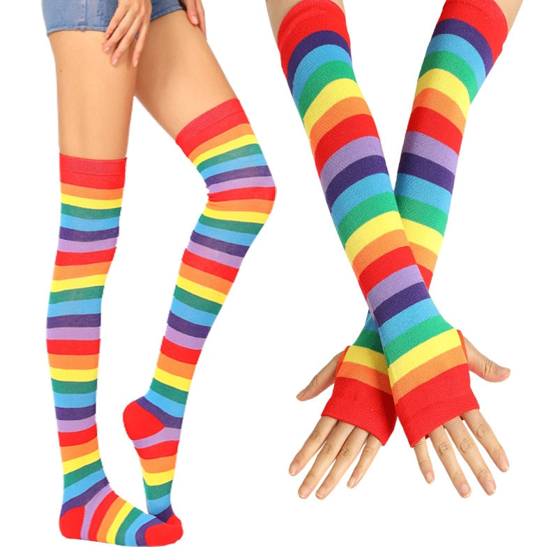 Colorful Rainbow Knee Socks & Arm Warmer Gloves