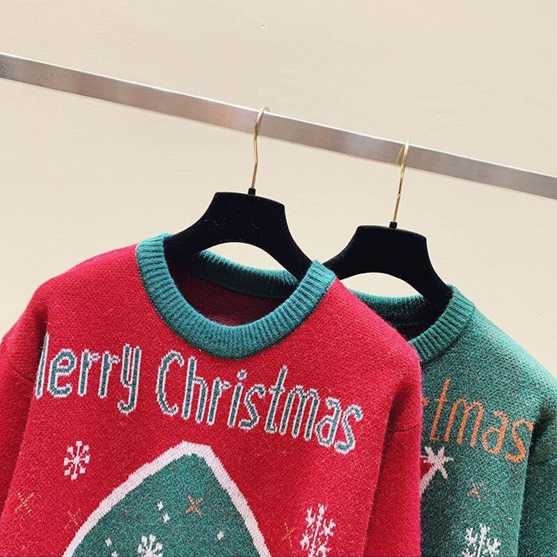 Tree and Santa Claus Loose O-neck Knit Pullover Sweater