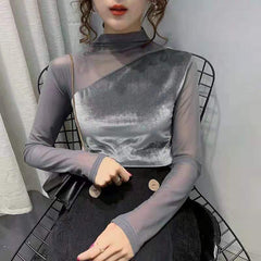 High Collar Close Fitting Velvet Blouse