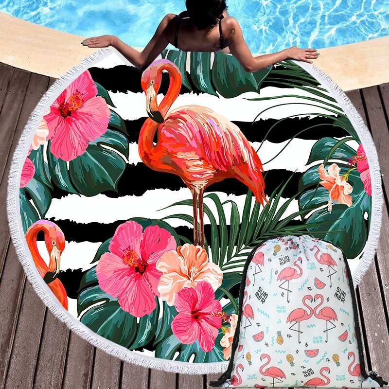 Round Beach Flamingo Towel With Drawstring