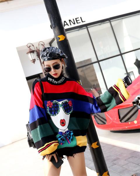 Cartoon 3D Abstract Fashion Girl Sequins Knitted Oversize Sweater