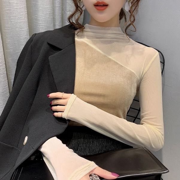 High Collar Close Fitting Velvet Blouse