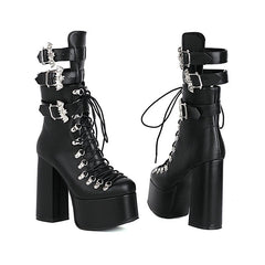 High-Heeled Ankle With Bat Buckle And Laces Boots