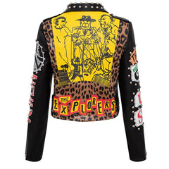 Leopard Graffiti Motorcycle PU Leather Jacket