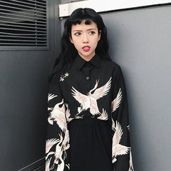 Crane Animal Print Black Blouses