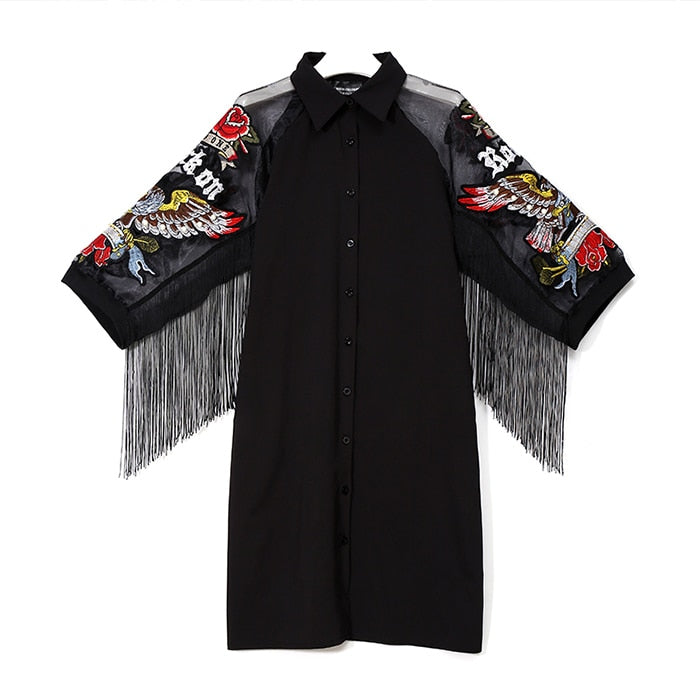 Eagle Embroidery Mesh Shirt Dress